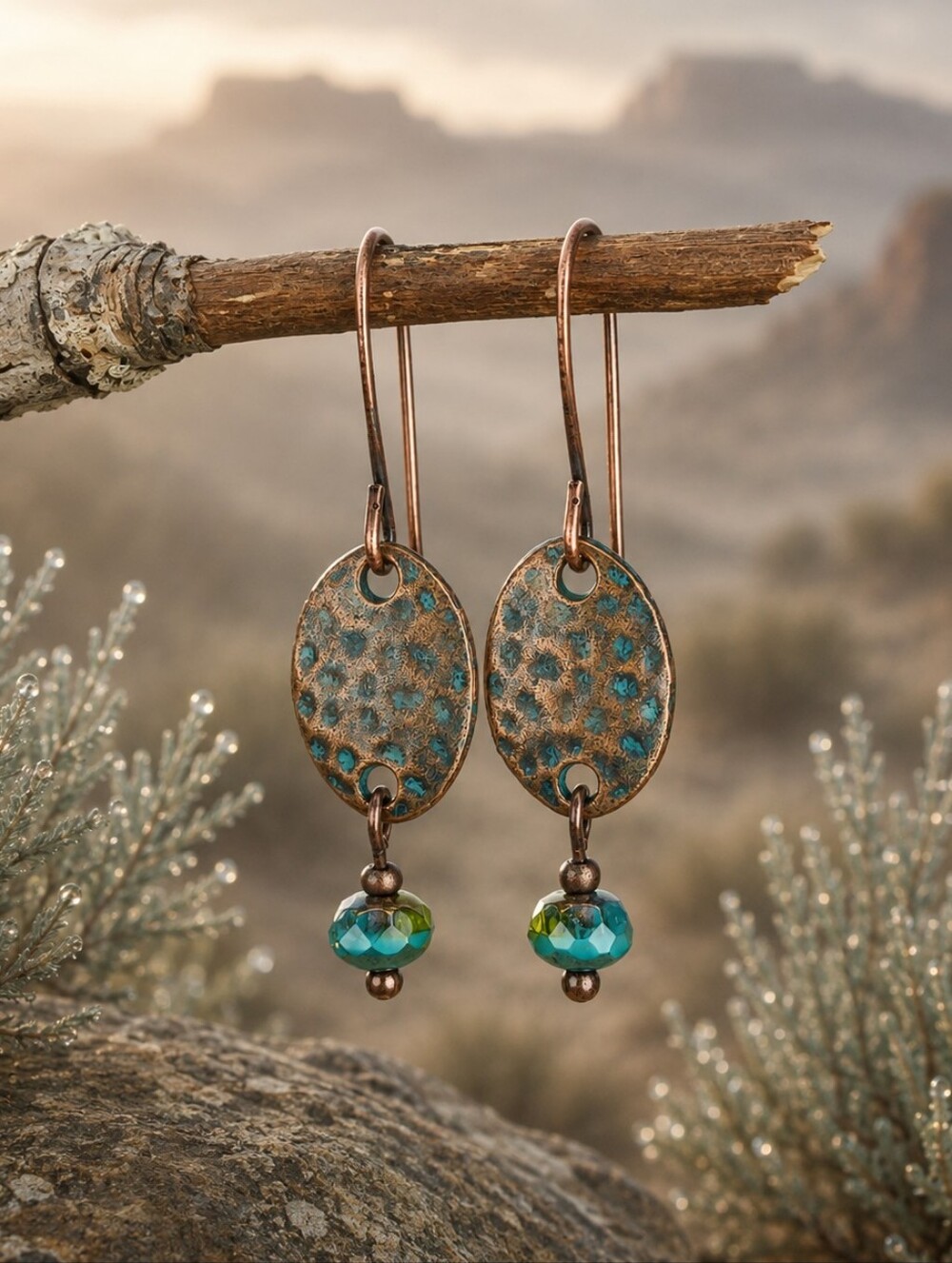 Patina Copper Earrings Turquoise Czech Glass Rustic Artisan Hand Crafted